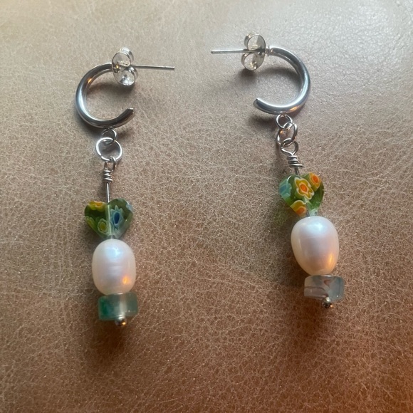 💚Italian millefiori glass bead freshwater pearl hoop earring green silver white - Picture 5 of 7